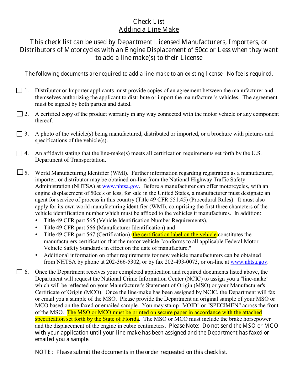 Form HSMV84256 Application for a License as a Motor Vehicle or Recreational Vehicle Manufacturer, Importer, or Distributor or a Mobile Home Manufacturer - Florida, Page 29
