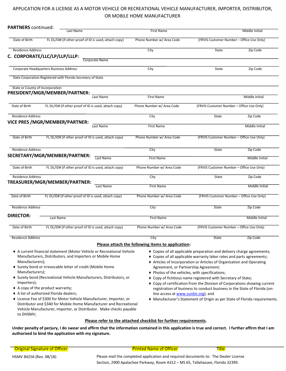 Form HSMV84256 Application for a License as a Motor Vehicle or Recreational Vehicle Manufacturer, Importer, or Distributor or a Mobile Home Manufacturer - Florida, Page 2