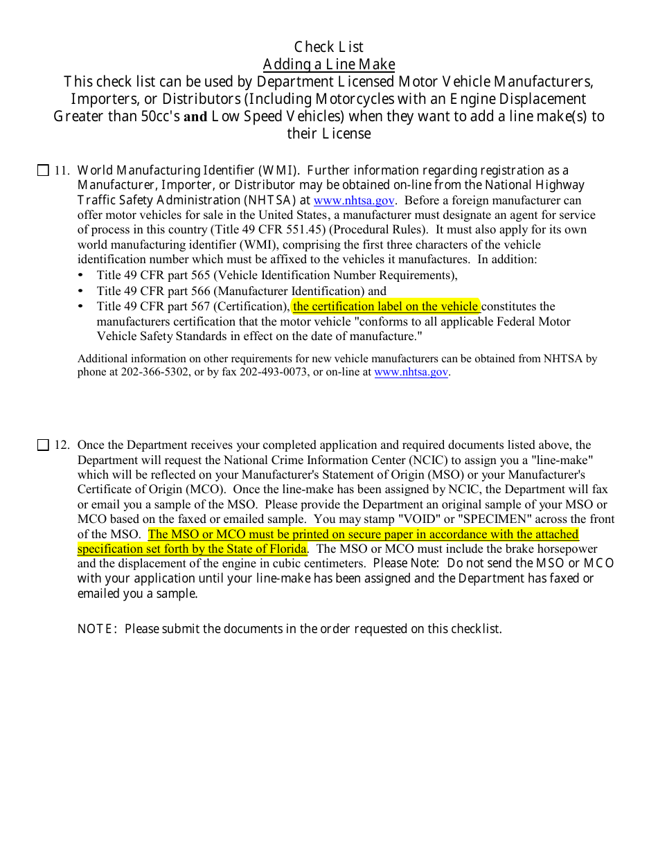 Form HSMV84256 Application for a License as a Motor Vehicle or Recreational Vehicle Manufacturer, Importer, or Distributor or a Mobile Home Manufacturer - Florida, Page 31