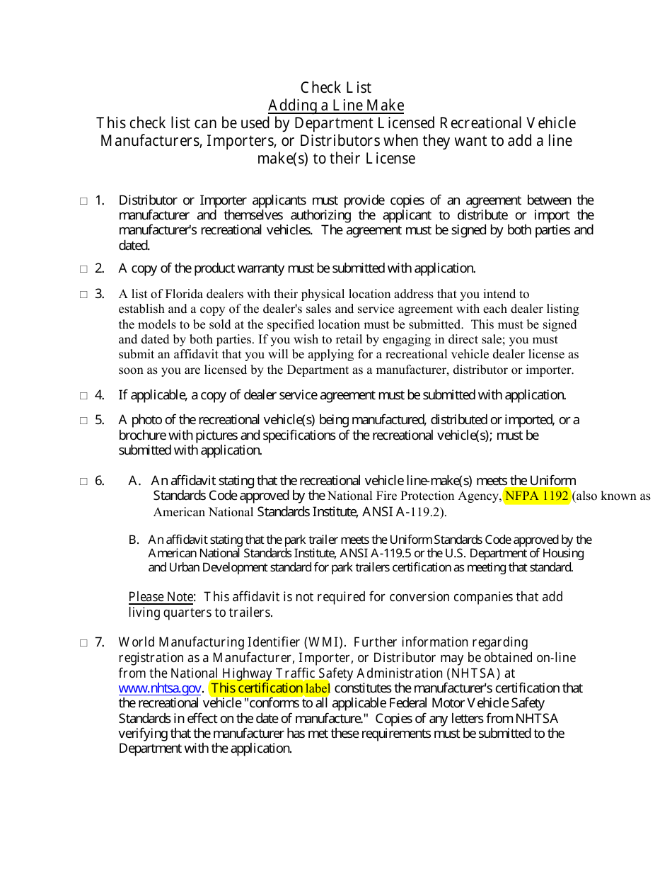Form HSMV84256 Application for a License as a Motor Vehicle or Recreational Vehicle Manufacturer, Importer, or Distributor or a Mobile Home Manufacturer - Florida, Page 32