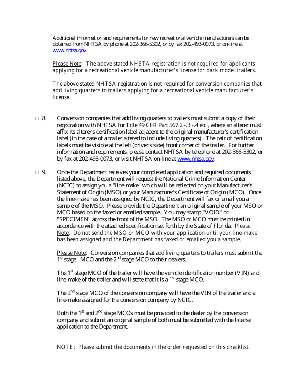 Form HSMV84256 Application for a License as a Motor Vehicle or Recreational Vehicle Manufacturer, Importer, or Distributor or a Mobile Home Manufacturer - Florida, Page 33
