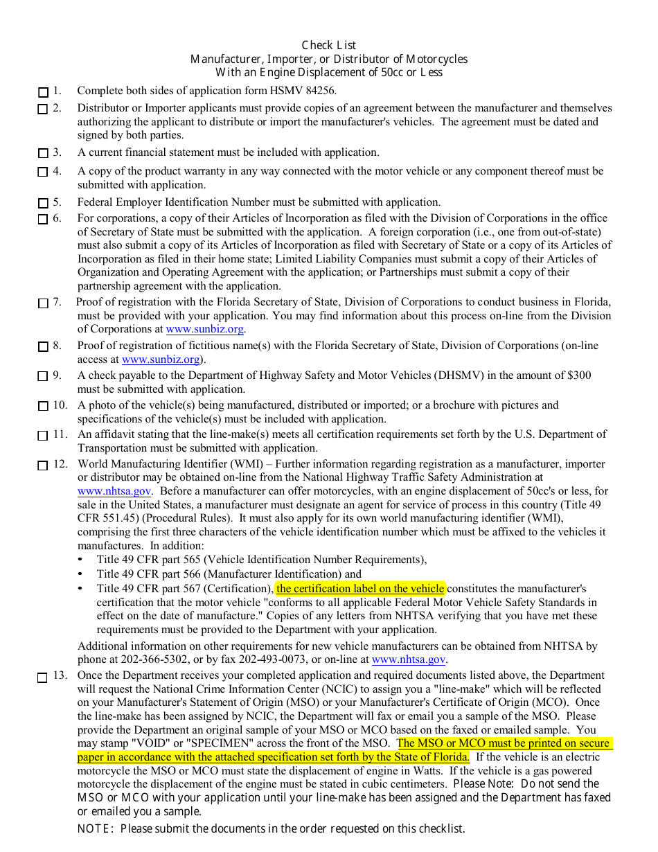 Form HSMV84256 Application for a License as a Motor Vehicle or Recreational Vehicle Manufacturer, Importer, or Distributor or a Mobile Home Manufacturer - Florida, Page 5