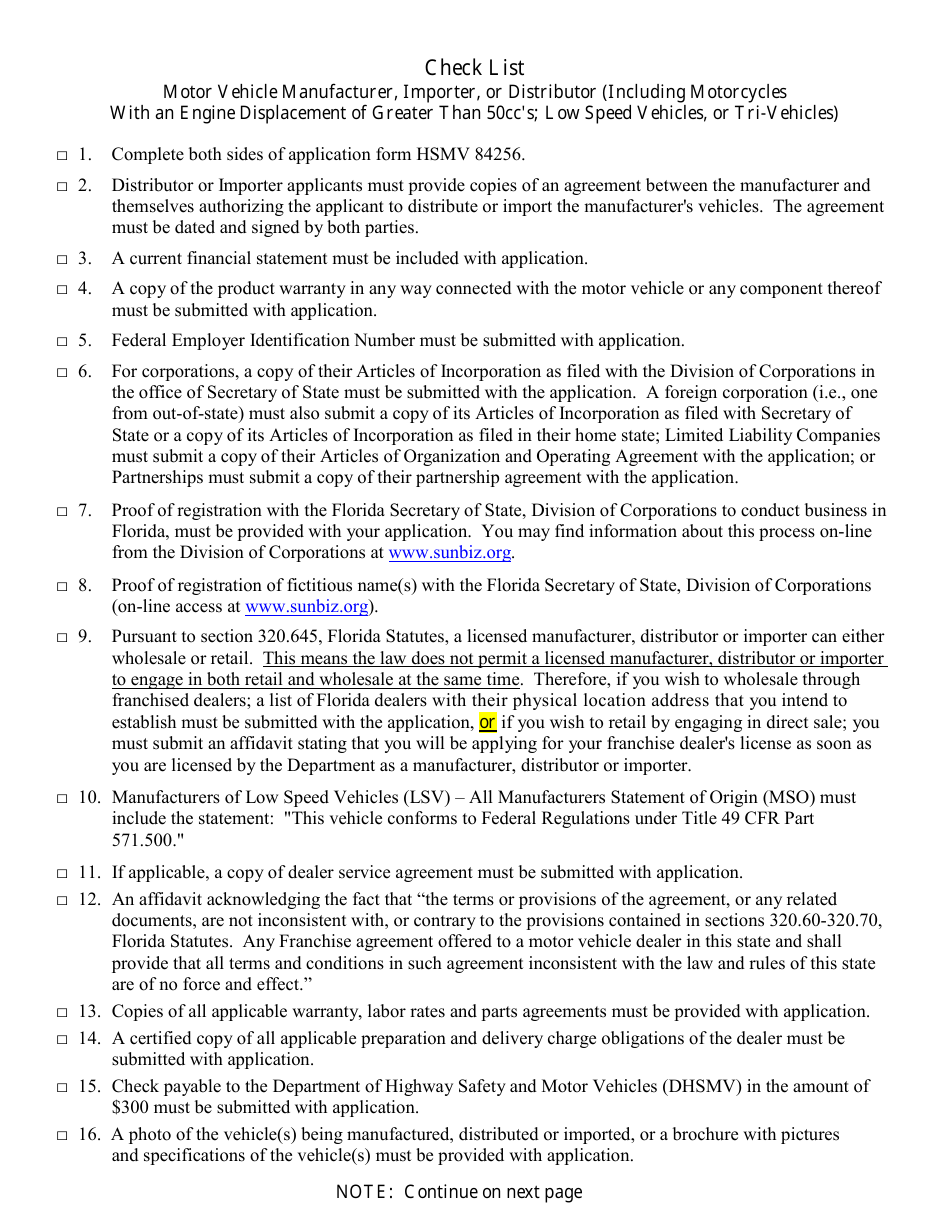 Form HSMV84256 Application for a License as a Motor Vehicle or Recreational Vehicle Manufacturer, Importer, or Distributor or a Mobile Home Manufacturer - Florida, Page 6