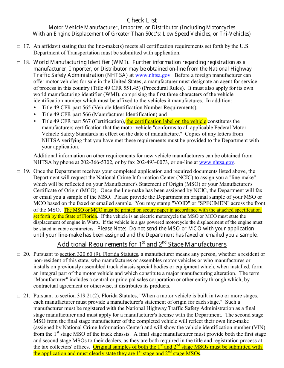 Form HSMV84256 Application for a License as a Motor Vehicle or Recreational Vehicle Manufacturer, Importer, or Distributor or a Mobile Home Manufacturer - Florida, Page 7