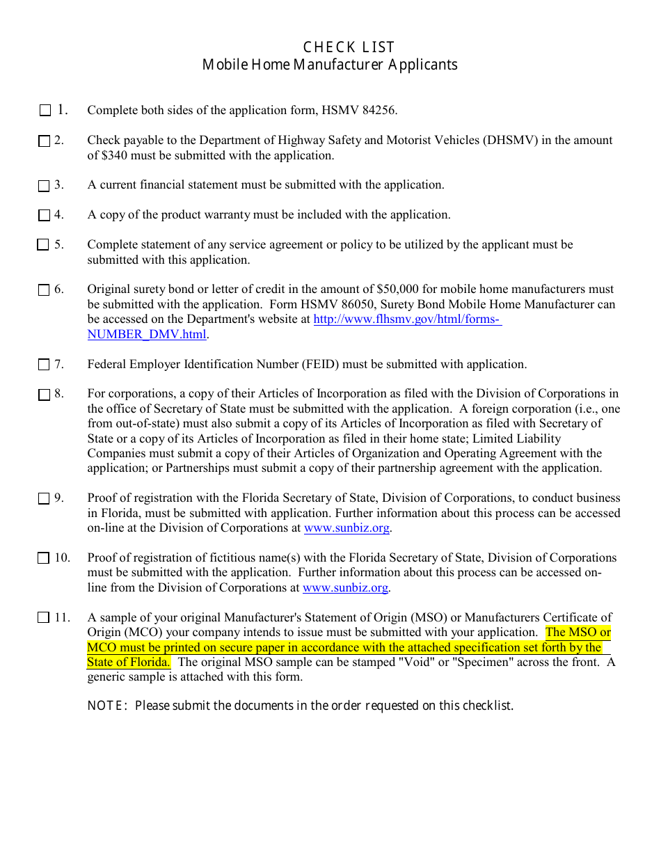 Form HSMV84256 Application for a License as a Motor Vehicle or Recreational Vehicle Manufacturer, Importer, or Distributor or a Mobile Home Manufacturer - Florida, Page 9