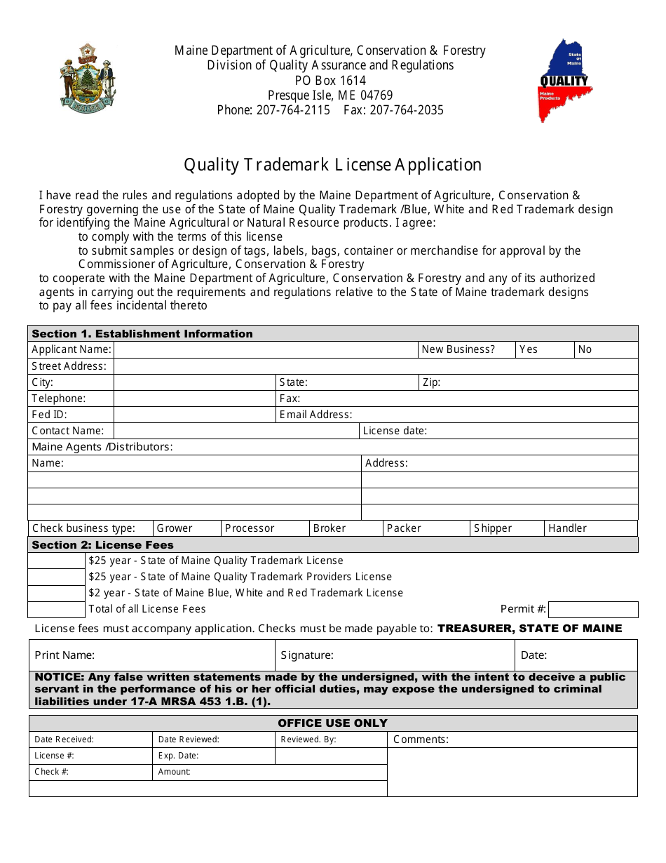 Quality Trademark License Application Form - Maine, Page 1