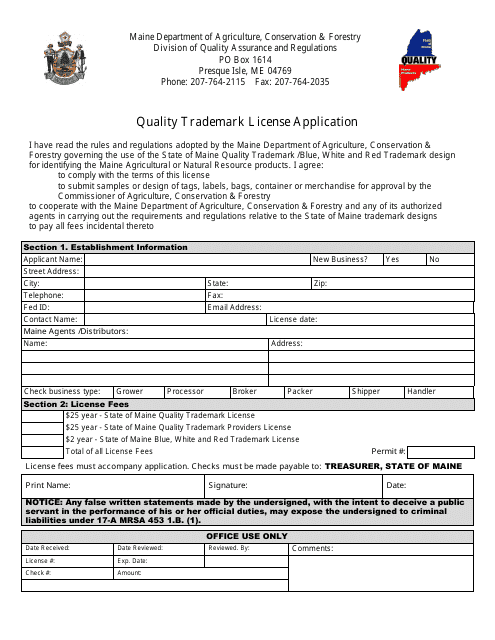Quality Trademark License Application Form - Maine Download Pdf