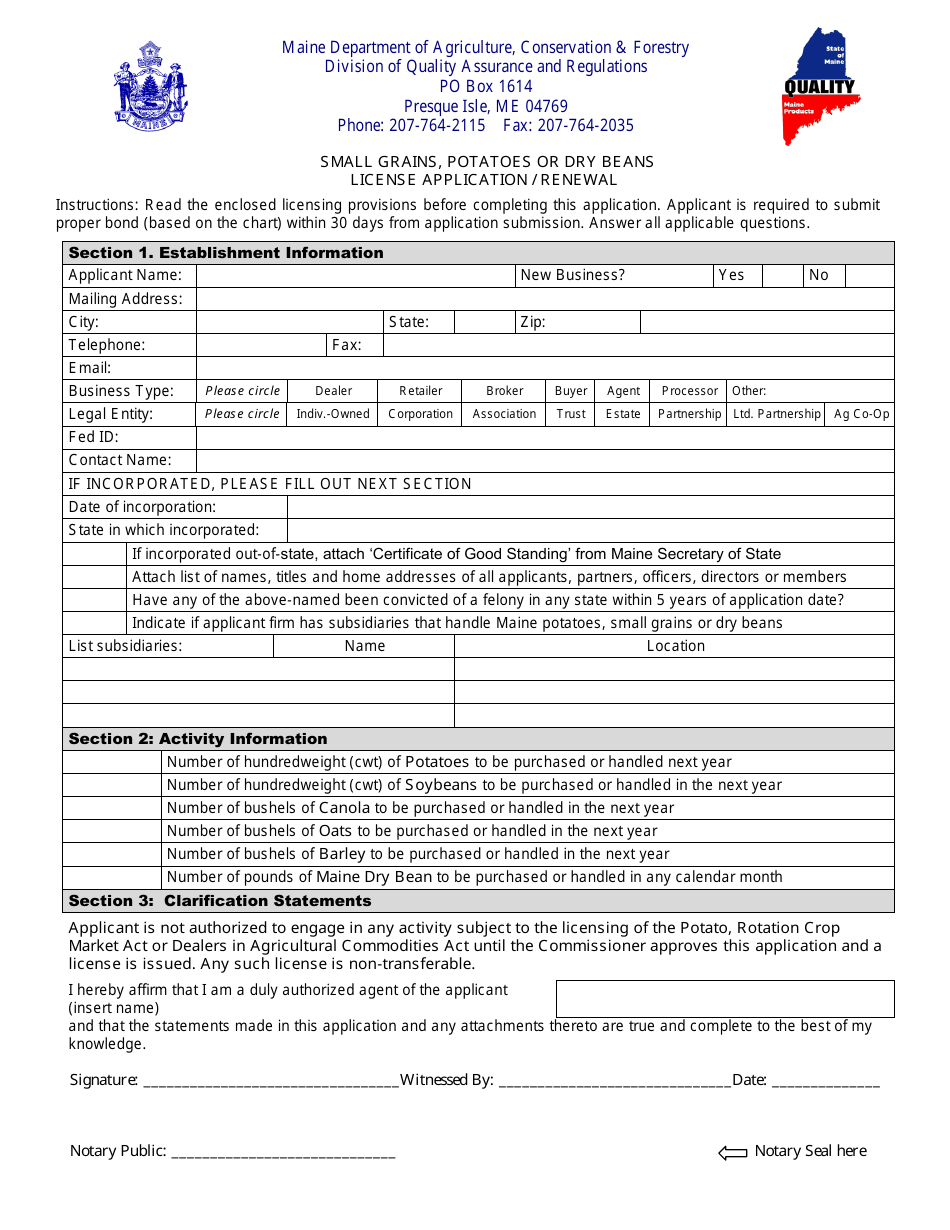 Small Grains, Potatoes or Dry Beans License Application / Renewal Form - Maine, Page 1