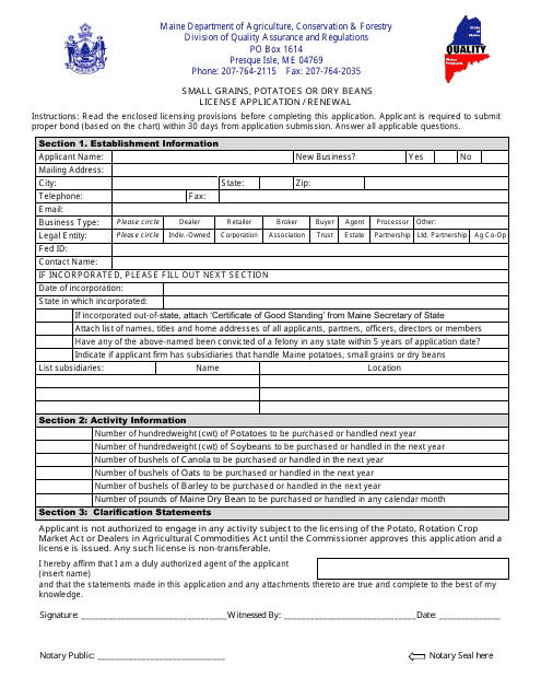 Small Grains, Potatoes or Dry Beans License Application / Renewal Form - Maine Download Pdf