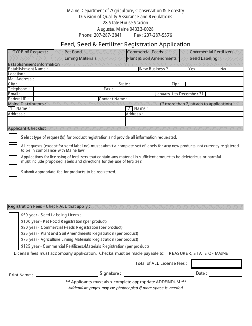 Feed, Seed & Fertilizer Registration Application Form - Maine