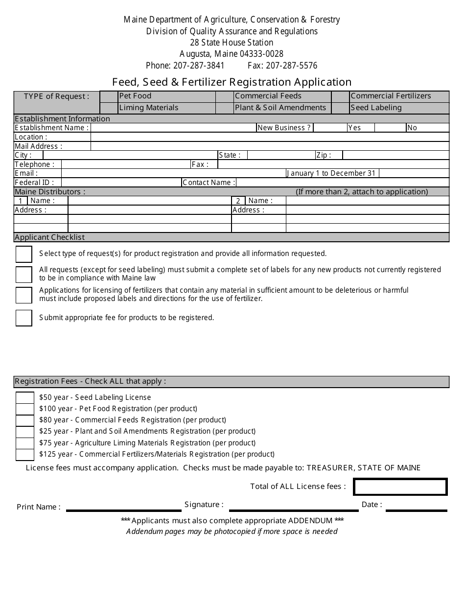 Maine Feed, Seed & Fertilizer Registration Application Form Fill Out