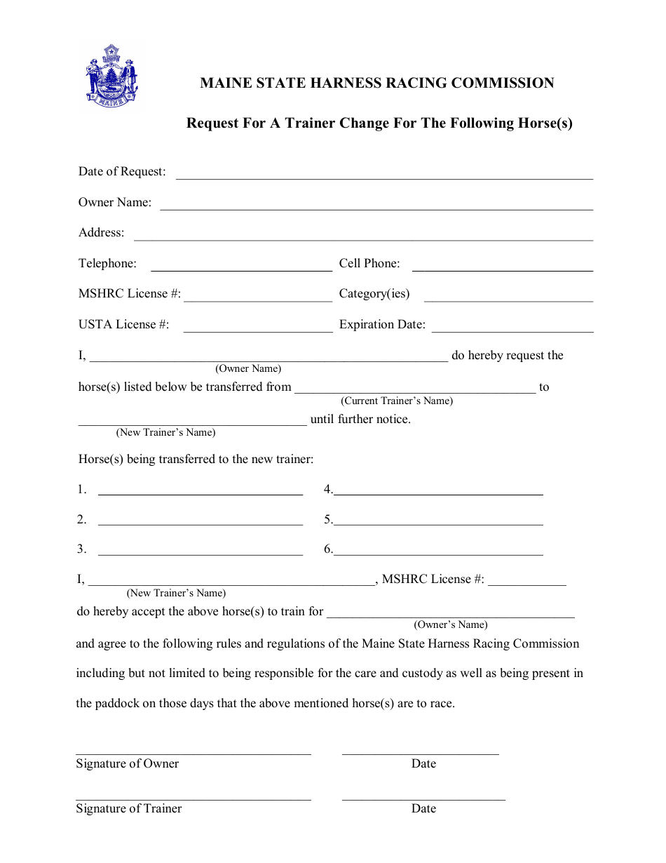 Trainer Change Request Form - Maine, Page 1