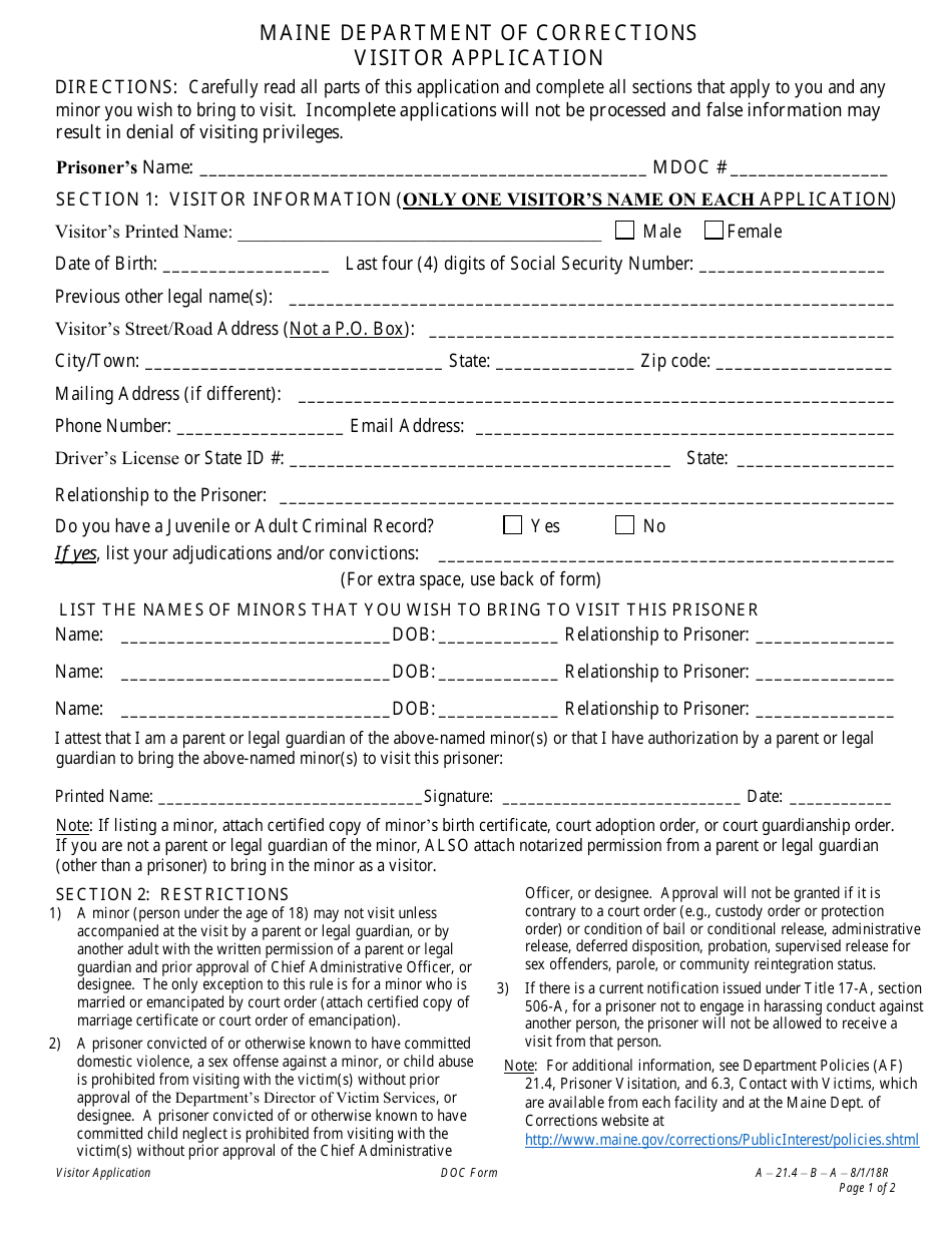 Visitor Application Form - Maine, Page 1
