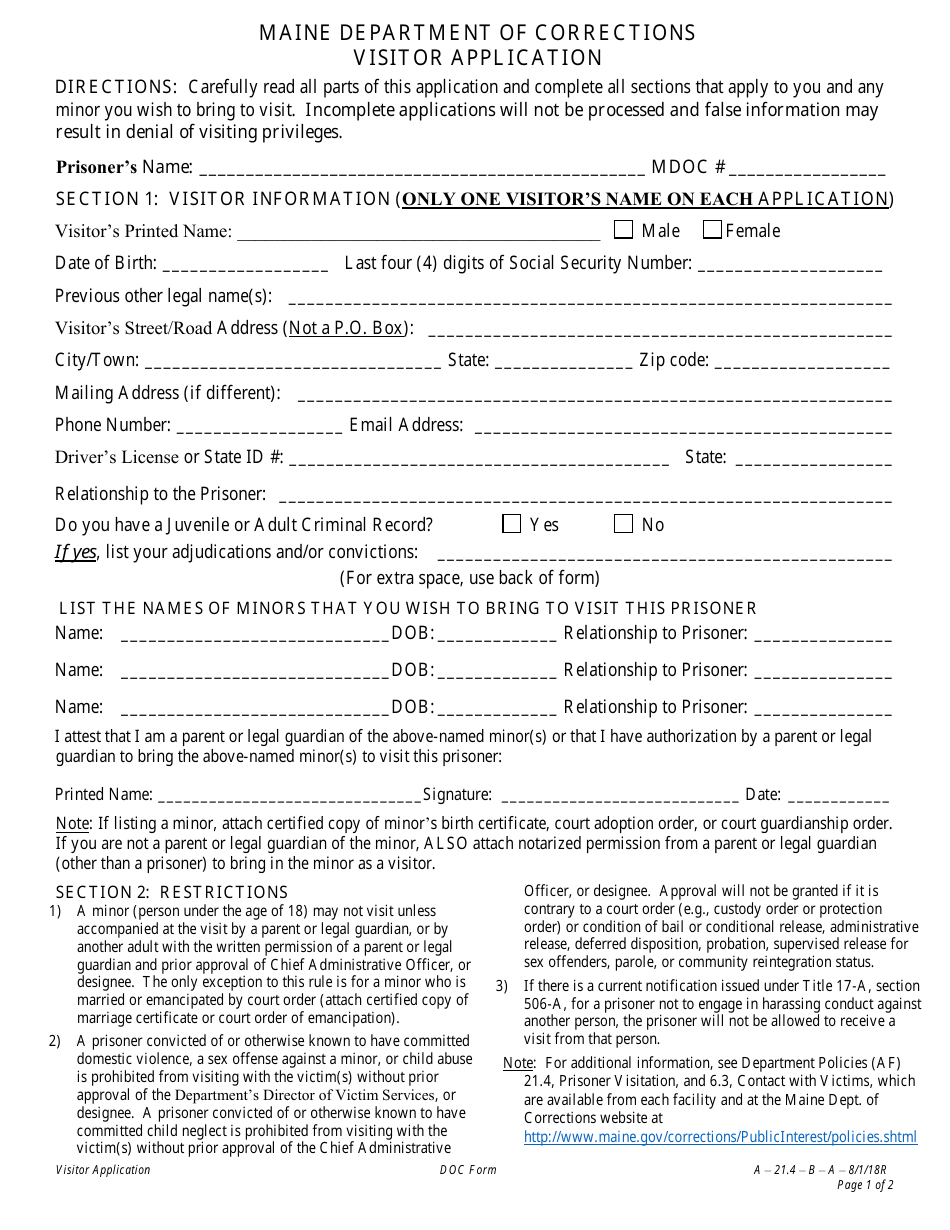 Maine Visitor Application Form Download Printable PDF Templateroller