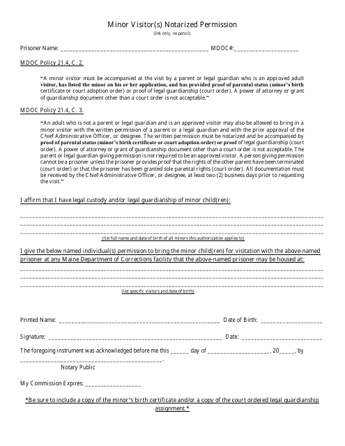 &quot;Minor Visitor(S) Notarized Permission Form&quot; - Maine Download Pdf
