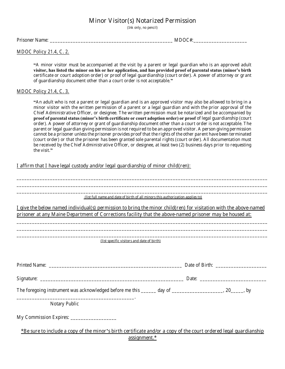 Minor Visitor(S) Notarized Permission Form - Maine, Page 1