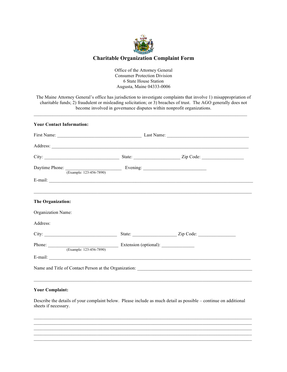 Charitable Organization Complaint Form - Maine, Page 1