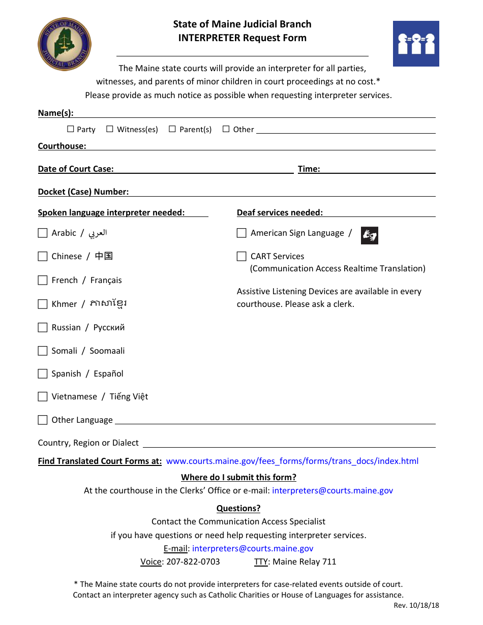 Maine Interpreter Request Form Fill Out, Sign Online and Download PDF