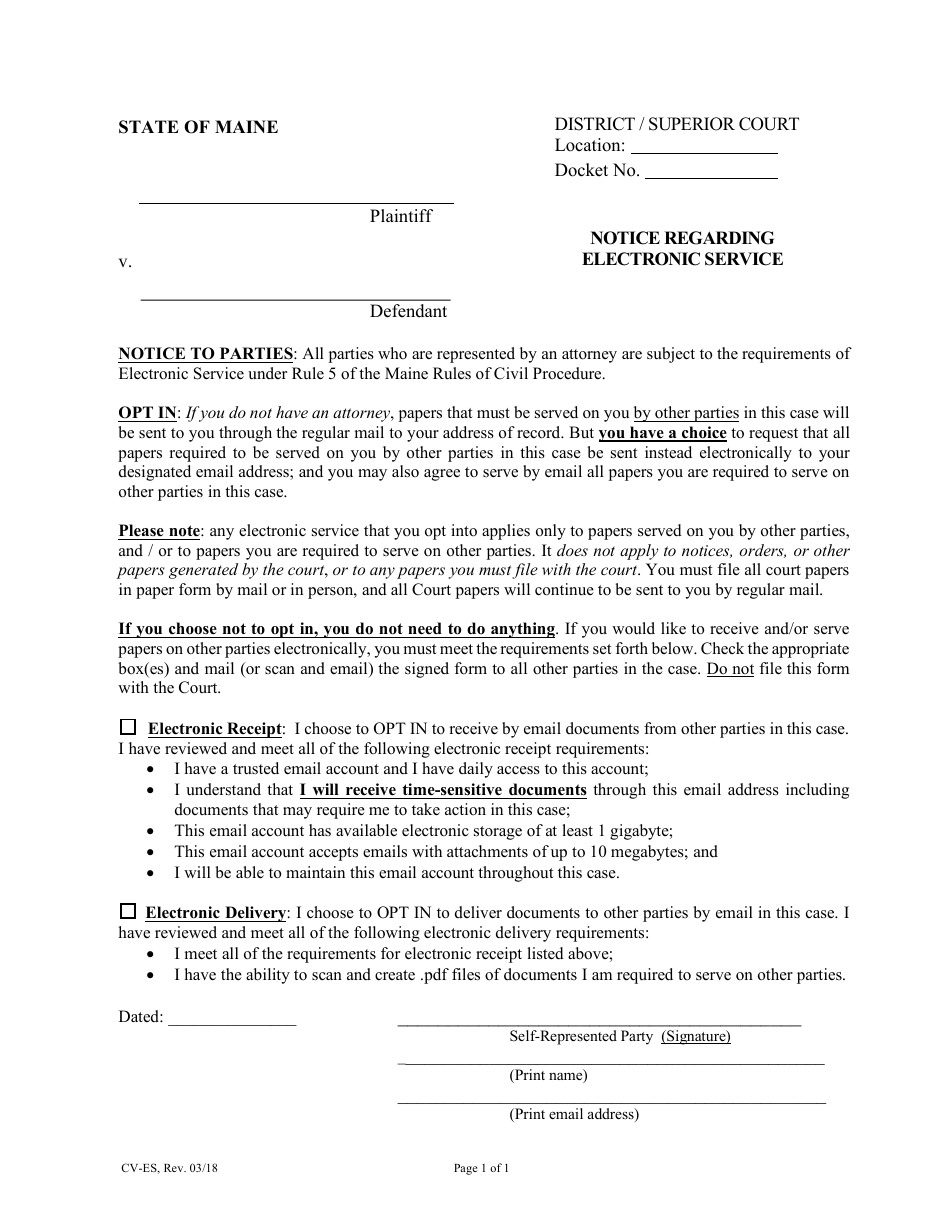Form CV-ES Notice Regarding Electronic Service - Maine, Page 1