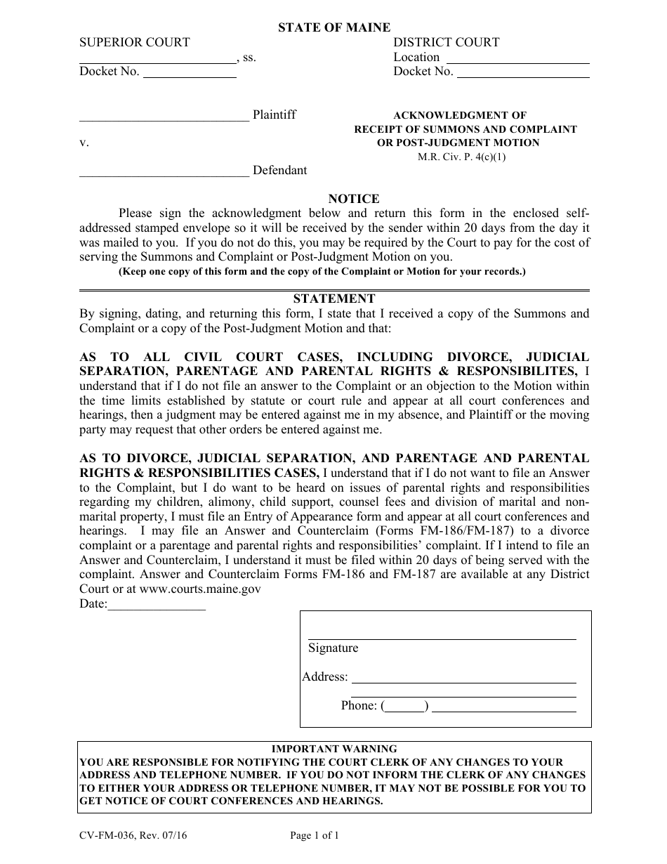 Form CV-FM-036 Acknowledgment of Receipt of Summons and Compliant or Post-judgment Motion - Maine, Page 1