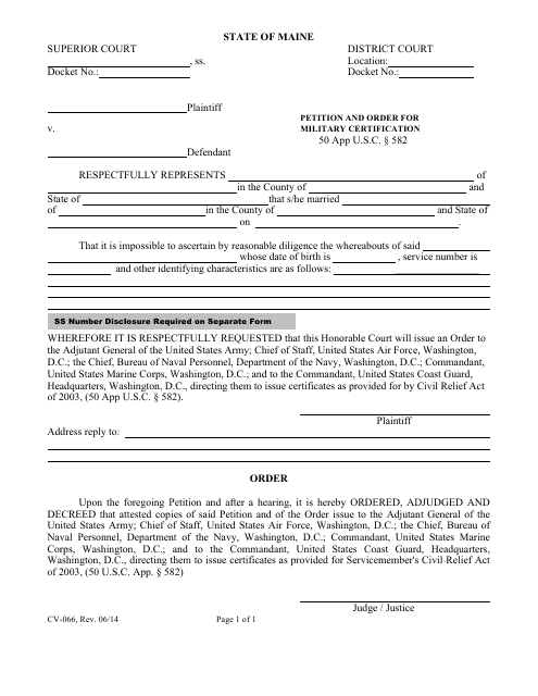 Form CV-066 Petition and Order for Military Certification - Maine