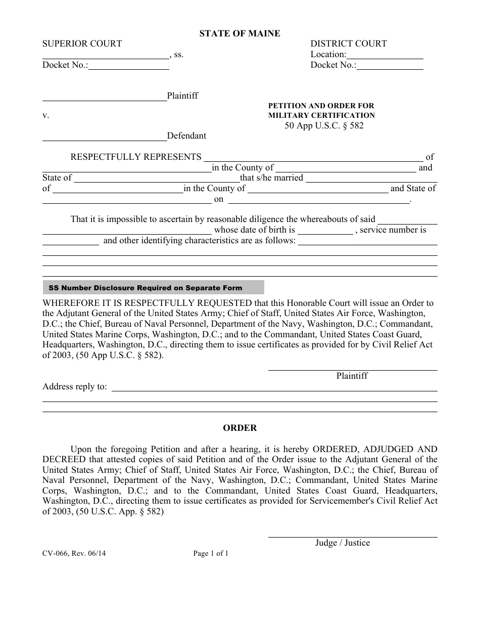 Form CV-066 Petition and Order for Military Certification - Maine, Page 1