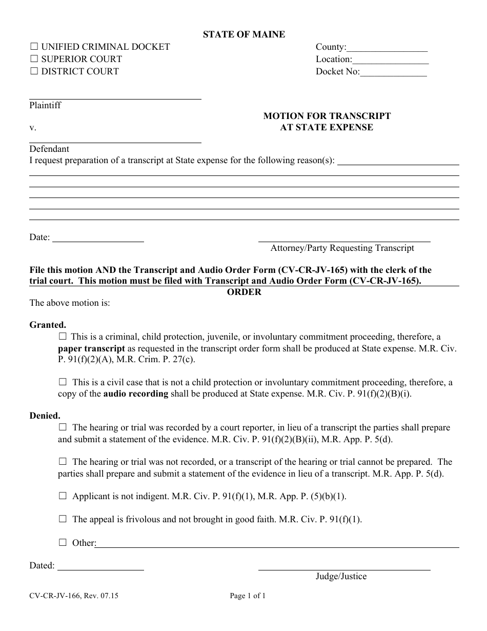 Form Cv Cr Jv 166 Download Fillable Pdf Or Fill Online Motion For Transcript At State Expense Maine Templateroller