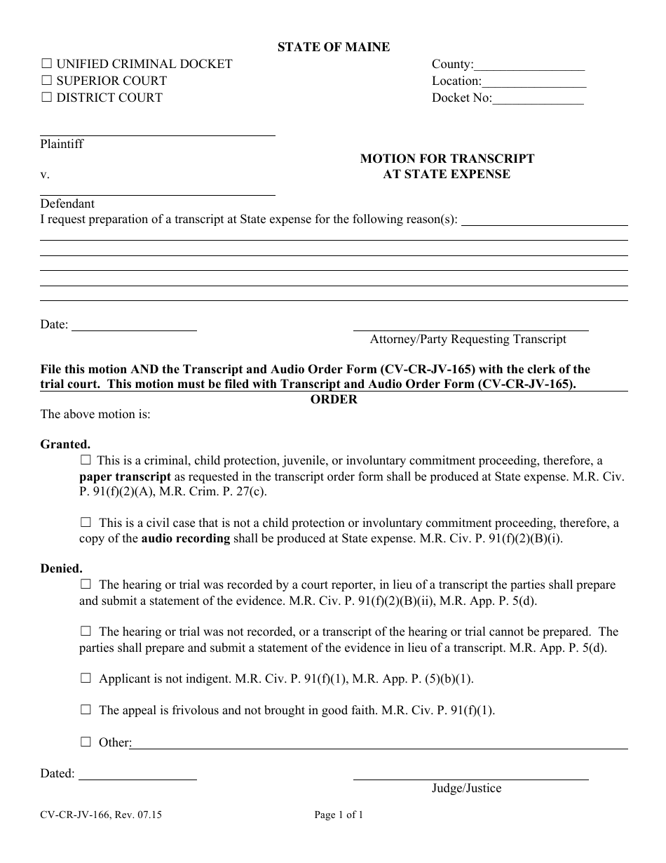 Form CV-CR-JV-166 Motion for Transcript at State Expense - Maine, Page 1
