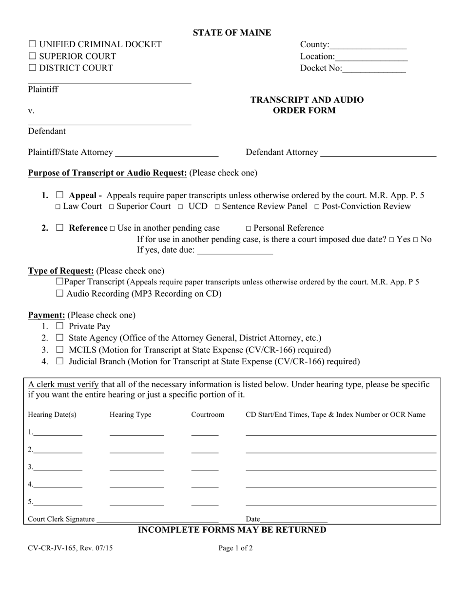 Form CV-CR-JV-165 Transcript and Audio Order Form - Maine, Page 1