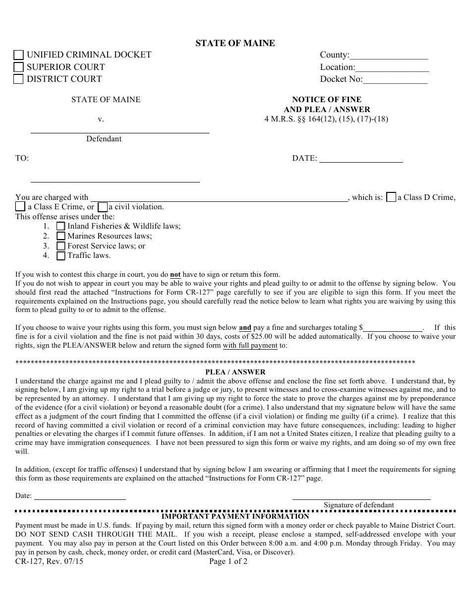 Form CR-127 Notice of Fine and Plea / Answer - Maine, Page 1