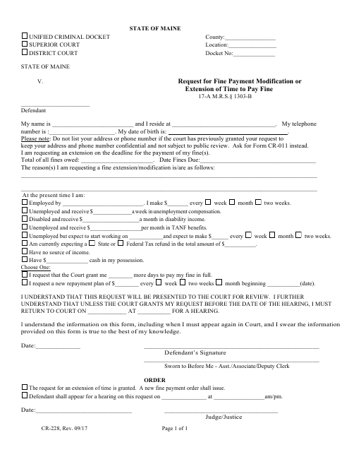 Form CR-228 Request for Fine Payment Modification or Extension of Time to Pay Fine - Maine