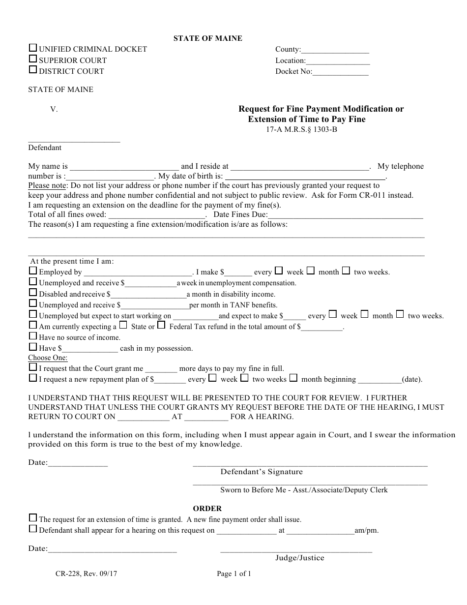 Form CR-228 Request for Fine Payment Modification or Extension of Time to Pay Fine - Maine, Page 1