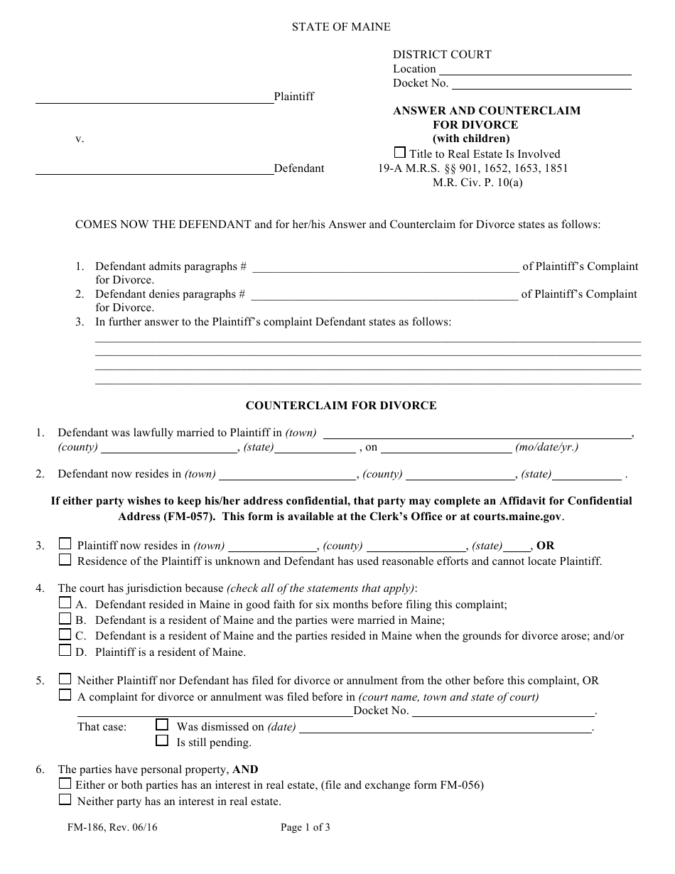 Form FM-186 Answer and Counterclaim for Divorce (With Children) - Maine, Page 1