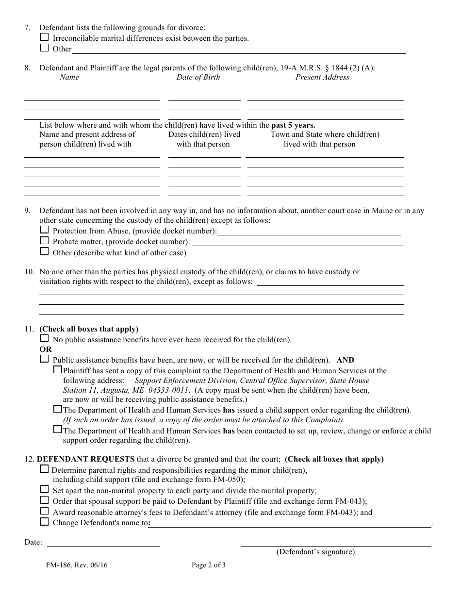 Form FM-186 Answer and Counterclaim for Divorce (With Children) - Maine, Page 2