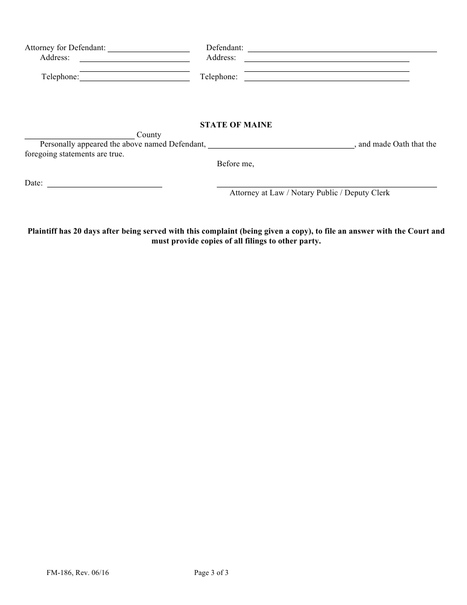 Form FM-186 Answer and Counterclaim for Divorce (With Children) - Maine, Page 3