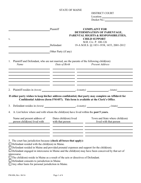 Form FM-006 Compliant for Determination of Parentage, Parental Rights & Responsibilities, Child Support - Maine