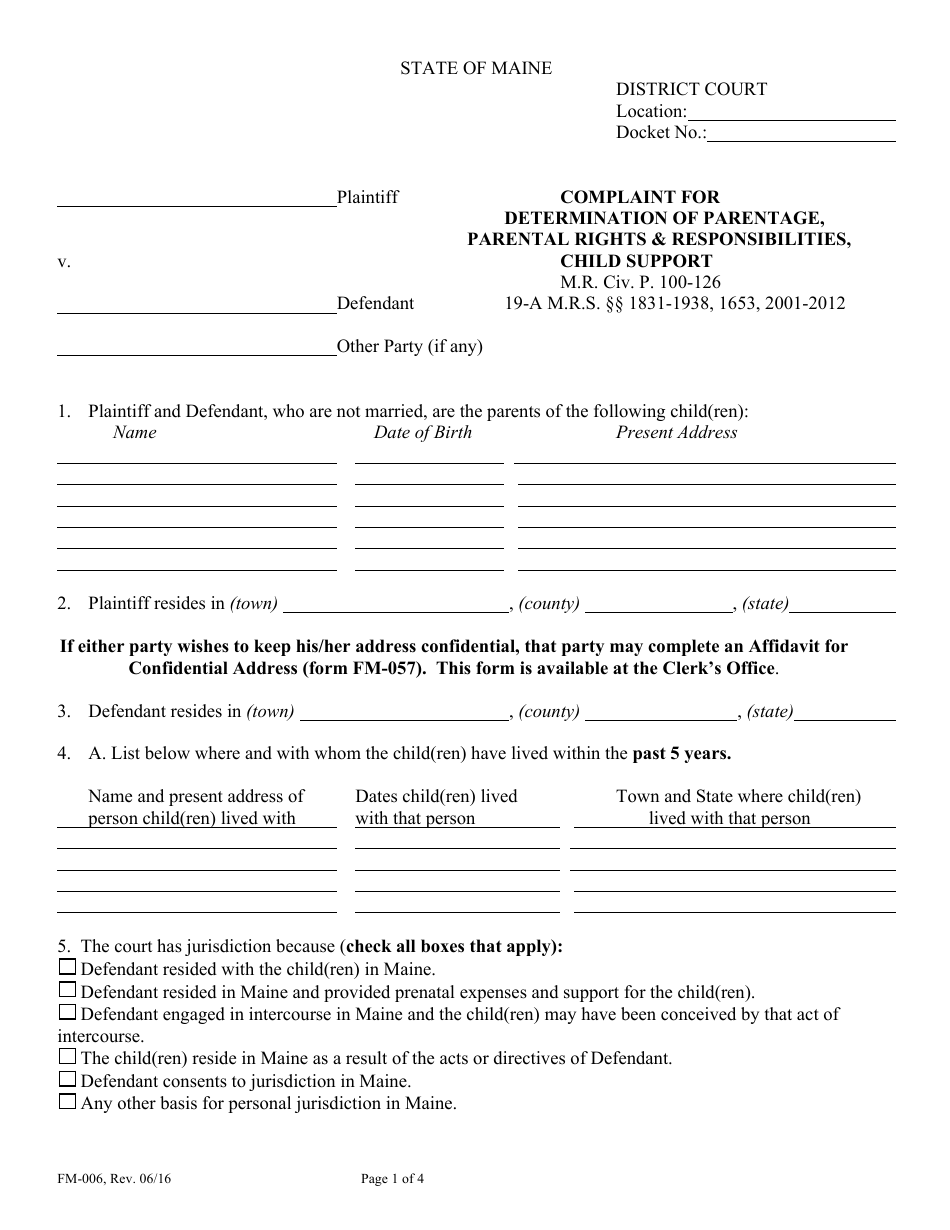 Form FM-006 Compliant for Determination of Parentage, Parental Rights  Responsibilities, Child Support - Maine, Page 1