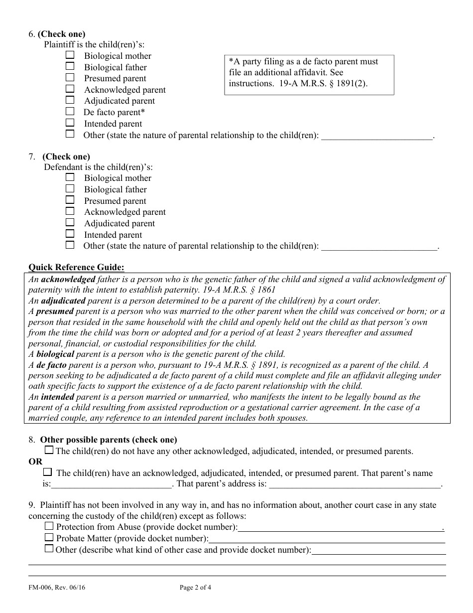 Form FM-006 Compliant for Determination of Parentage, Parental Rights  Responsibilities, Child Support - Maine, Page 2