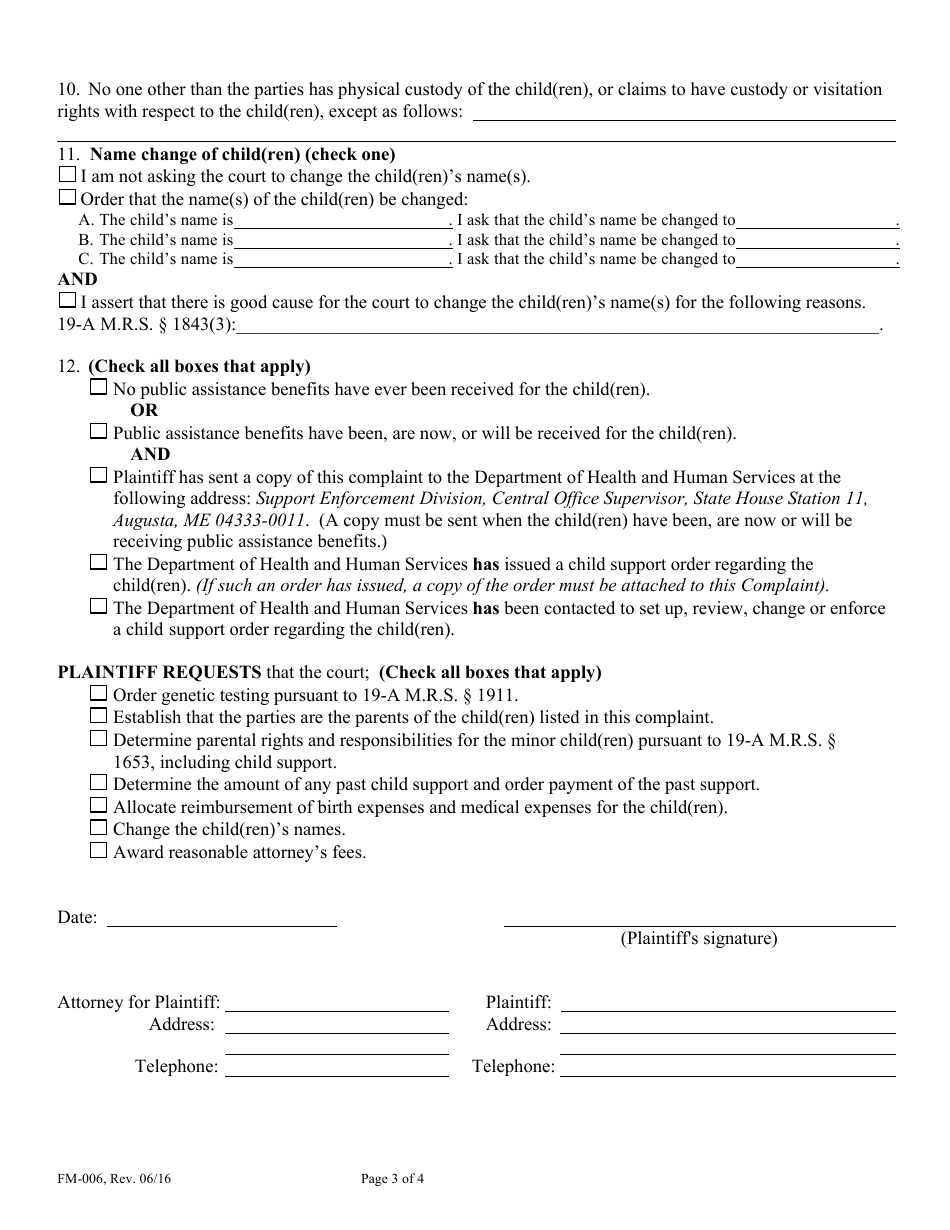 Form FM-006 Compliant for Determination of Parentage, Parental Rights  Responsibilities, Child Support - Maine, Page 3
