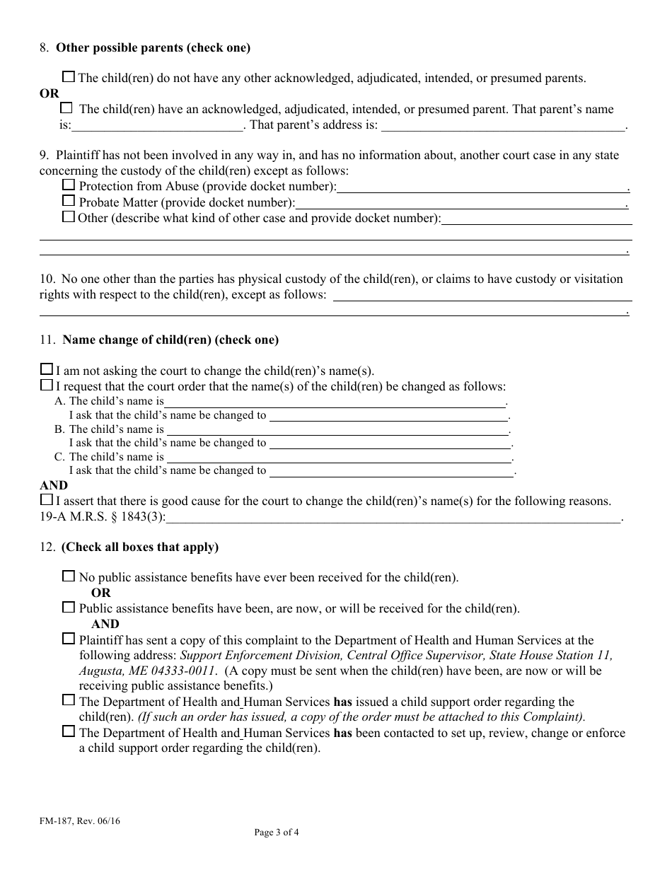 Form FM-187 Answer and Counterclaim for Determination of Parentage, Parental Rights  Responsibilities, Child Support - Maine, Page 3
