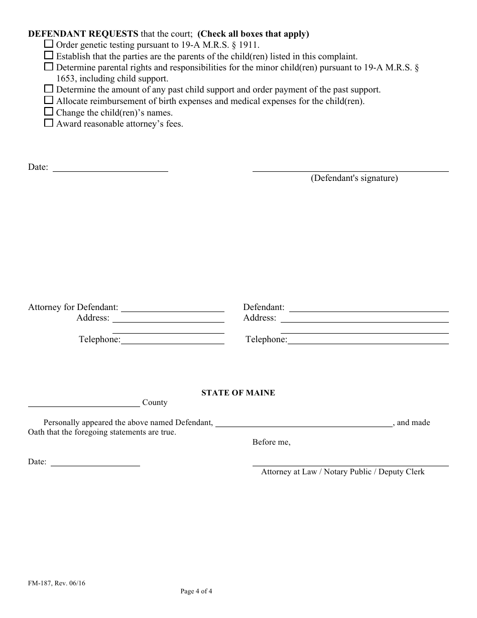 Form FM-187 Answer and Counterclaim for Determination of Parentage, Parental Rights  Responsibilities, Child Support - Maine, Page 4