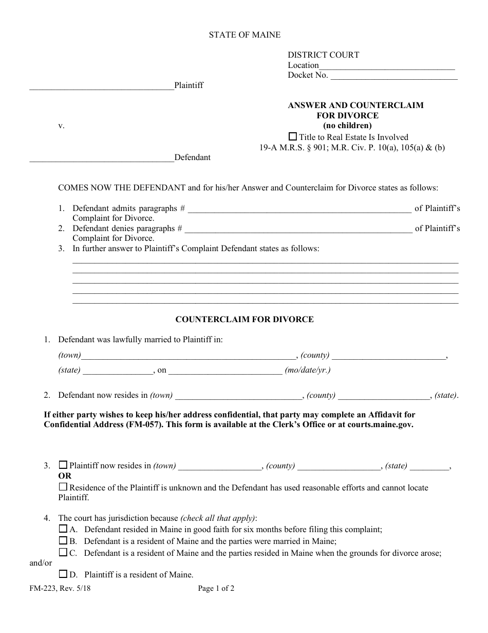 Form FM-223 Answer and Counterclaim for Divorce (No Children) - Maine, Page 1