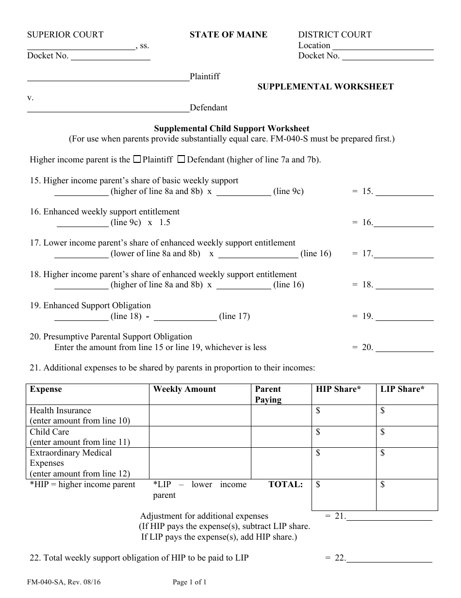 Form FM-040-SA Supplemental Child Support Worksheet - Maine, Page 1