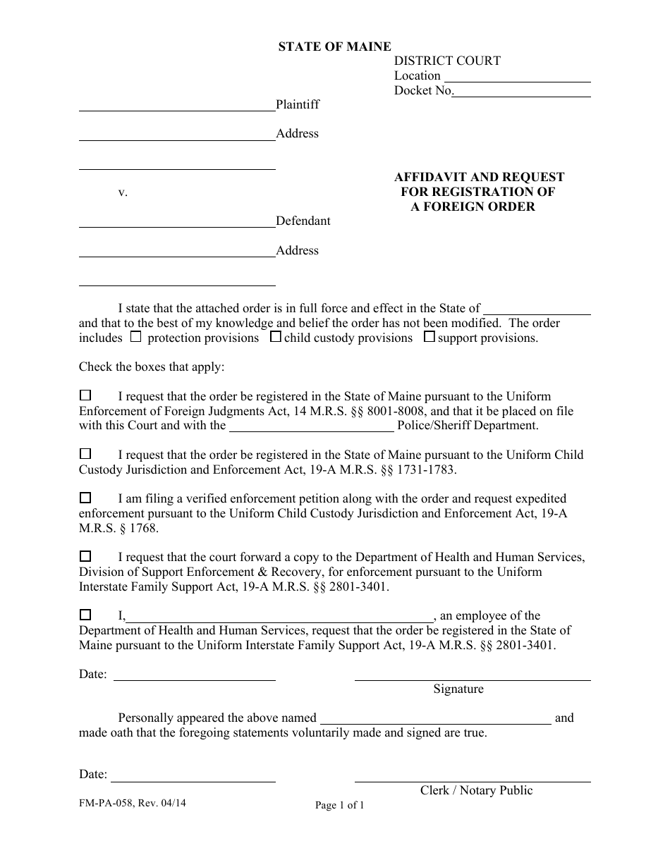 Form FM-PA-058 Affidavit and Request for Registration of a Foreign Order - Maine, Page 1