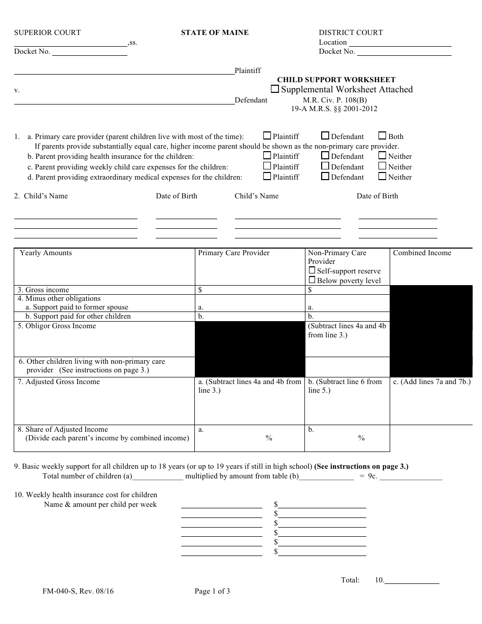 Form FM-040-S Child Support Worksheet - Maine, Page 1