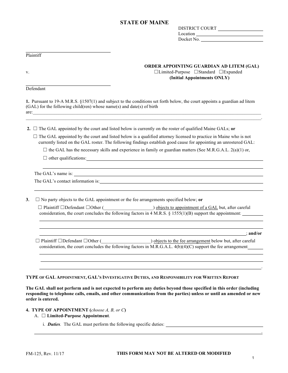 Form FM-125 Order Appointing Guardian Ad Litem - Maine, Page 1