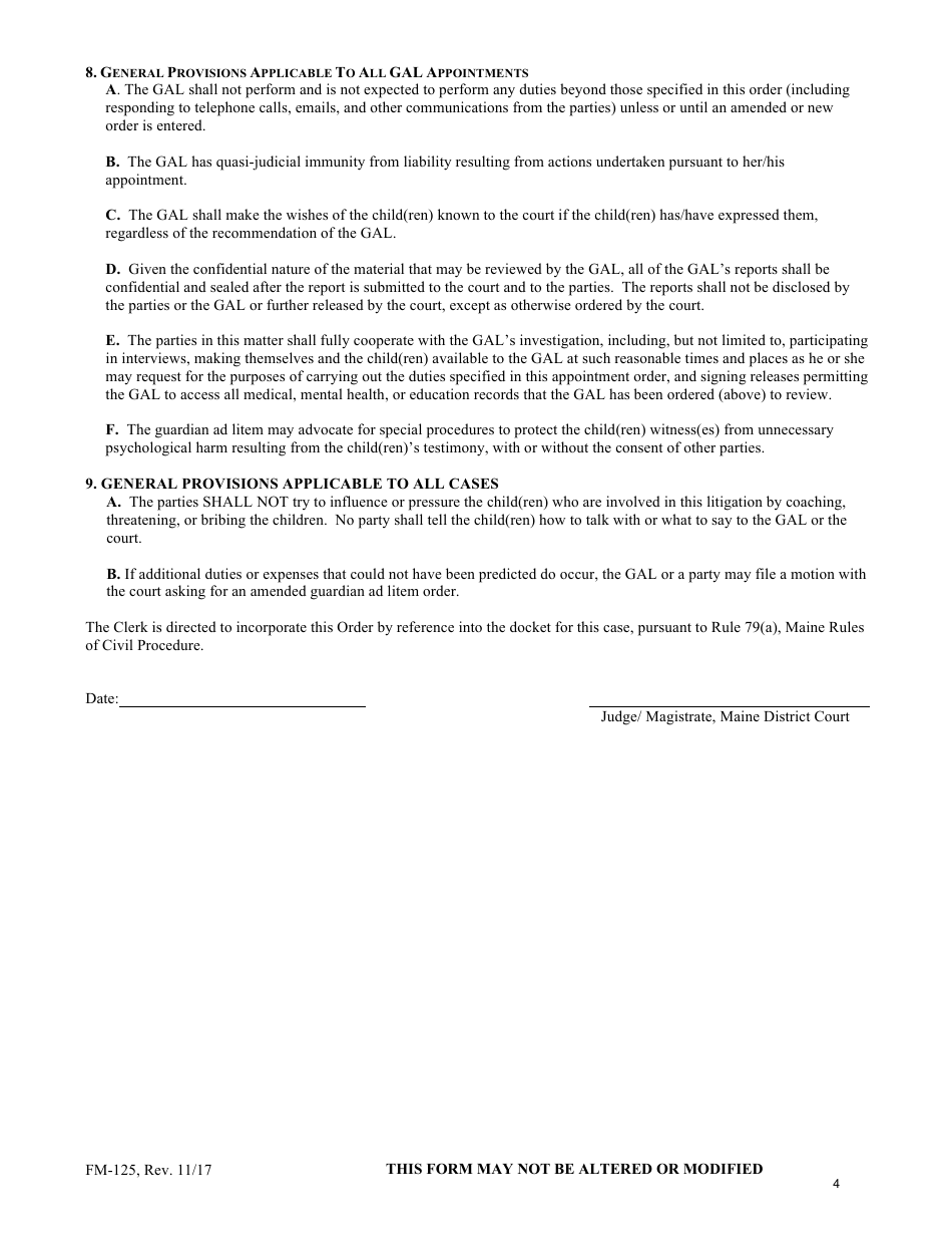 Form FM-125 Order Appointing Guardian Ad Litem - Maine, Page 4
