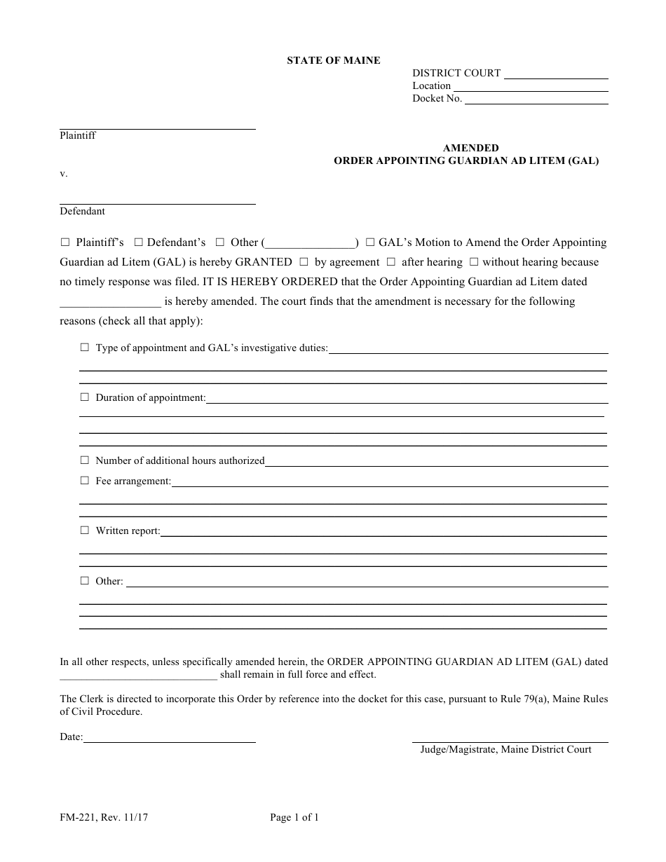Form FM-221 Amended Order Appointing Guardian Ad Litem (Gal) - Maine, Page 1