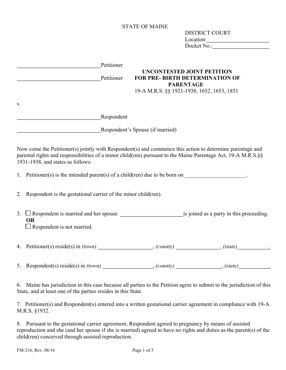 Form FM-216 Uncontested Joint Petition for Pre- Birth Determination of Parentage - Maine, Page 1