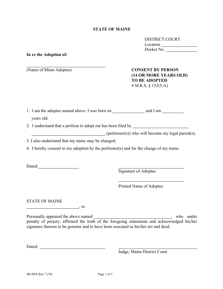 Form AD-004 Consent by Person (14 or More Years Old) to Be Adopted - Maine, Page 1